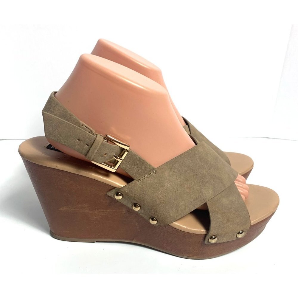 Parker & Sky Brown Taupe Strap Studded Wedge Sandals 10